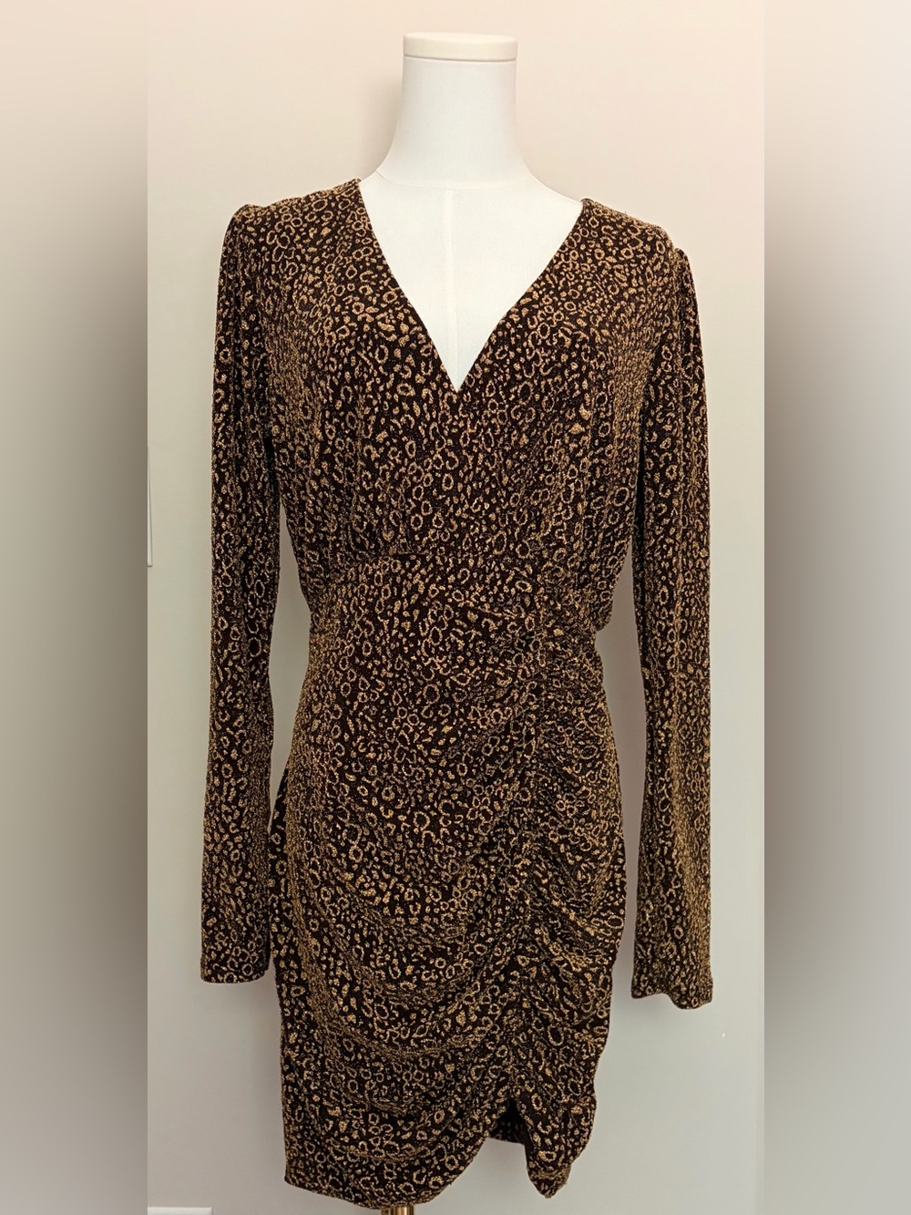 Lulu's Gold and Black Leopard Print Long-Sleeve Wrap Mini Dress